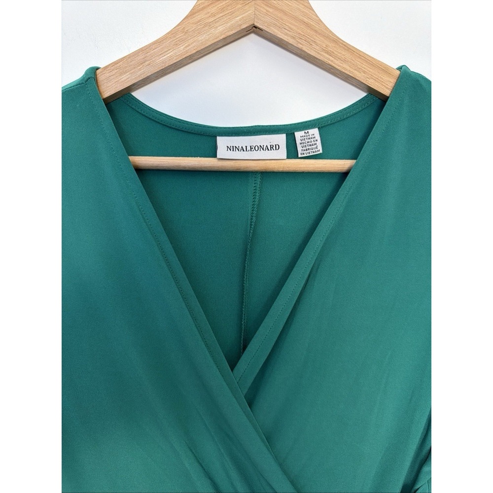 Nina Leonard Women's Faux Wrap Midi Dress Green Size M Shark Bite Hem A-Line - Picture 3 of 16